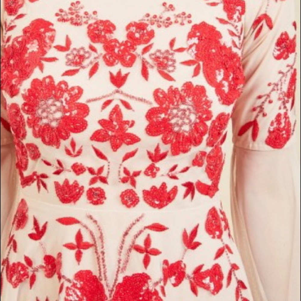 Frock & Frill Nude Red Sequin Open Back skater dress beaded sheer dress ModCloth - Picture 3 of 4
